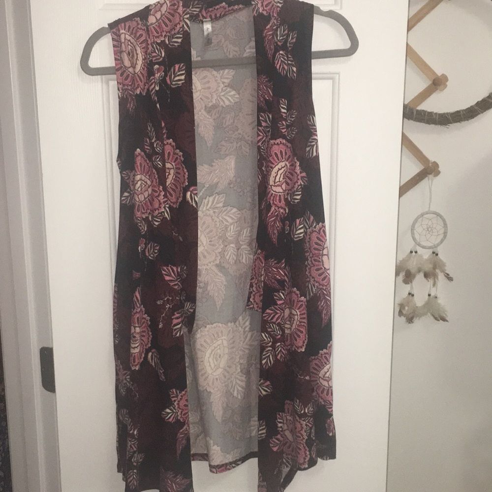 Acting Pro Longline Duster Vest Womens S Maroon Pink Floral Open Front Pockets